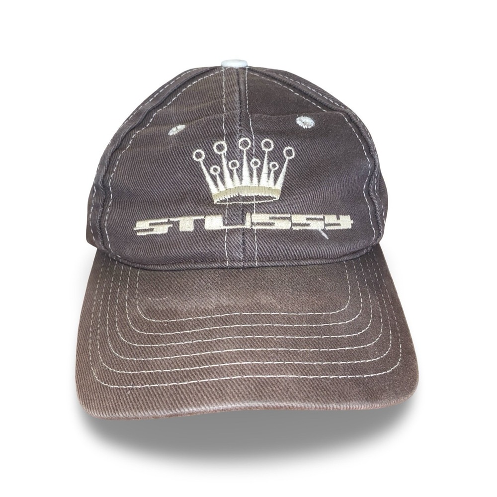 Vintage 90s Stussy Crown Logo Hat Cap Snapback Brown Slick 93 RARE USA Made